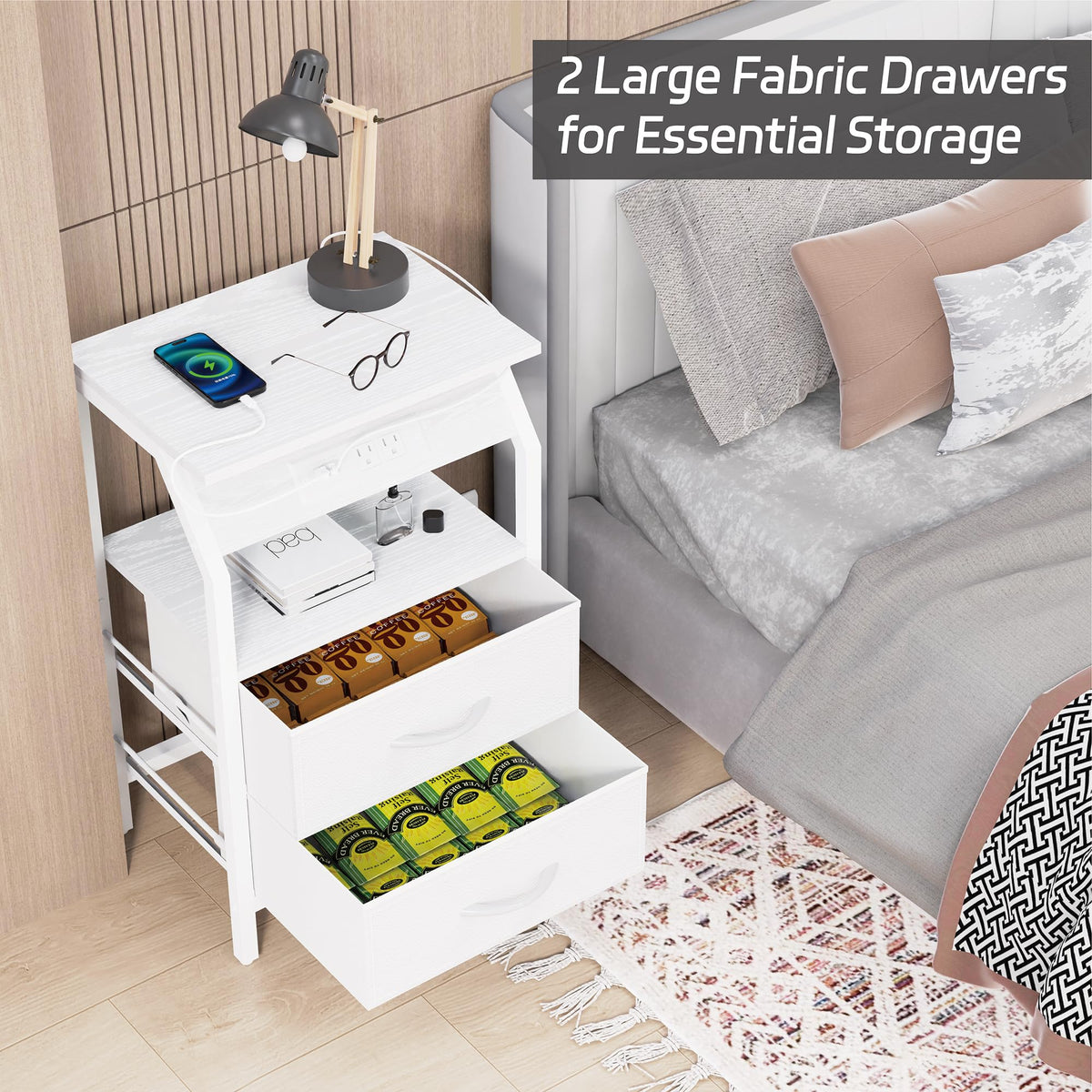 End Table with LED Lights, 2 Fabric Drawers and Charging Station Y856