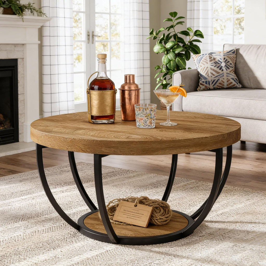 Round 2-Tier Wood Coffee Table with Storage P758