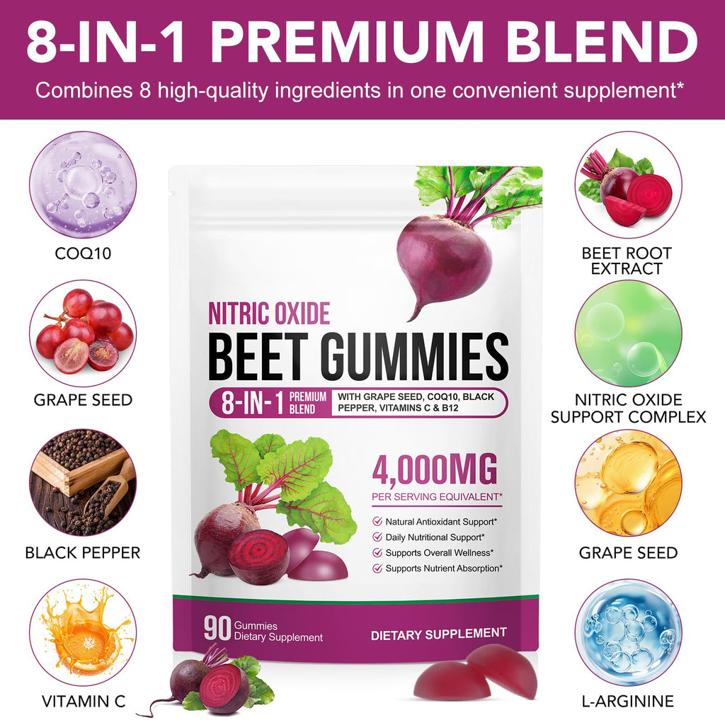 Beetroot Gummies 90 Gummies Beetroot Extract Supplement with COQ10 Vitamin C B12 Grape Seed Extract M348