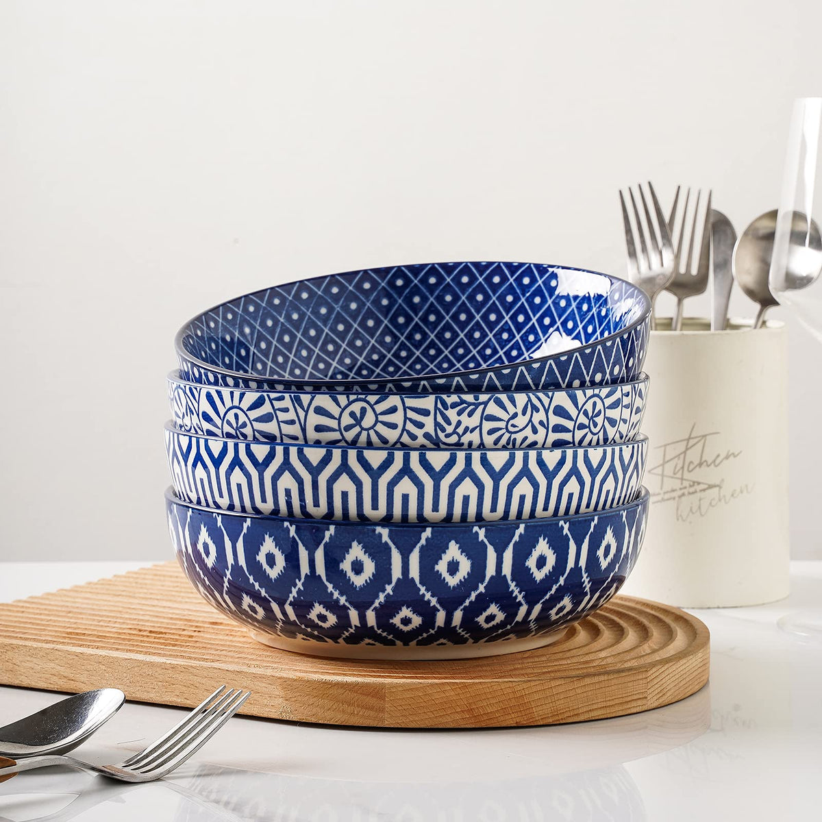 Ceramic Pasta Bowls Set of 4, 30 OZ Vintage Blue N34902