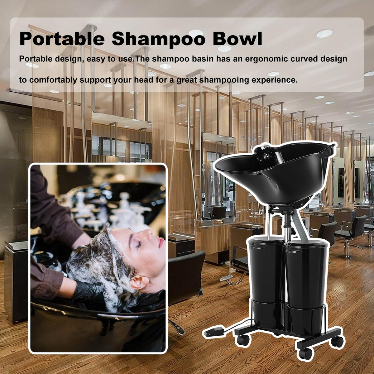 Portable Plastic Shampoo Bowl Unit with 2 Bucket and Drain Hoses Black S734795