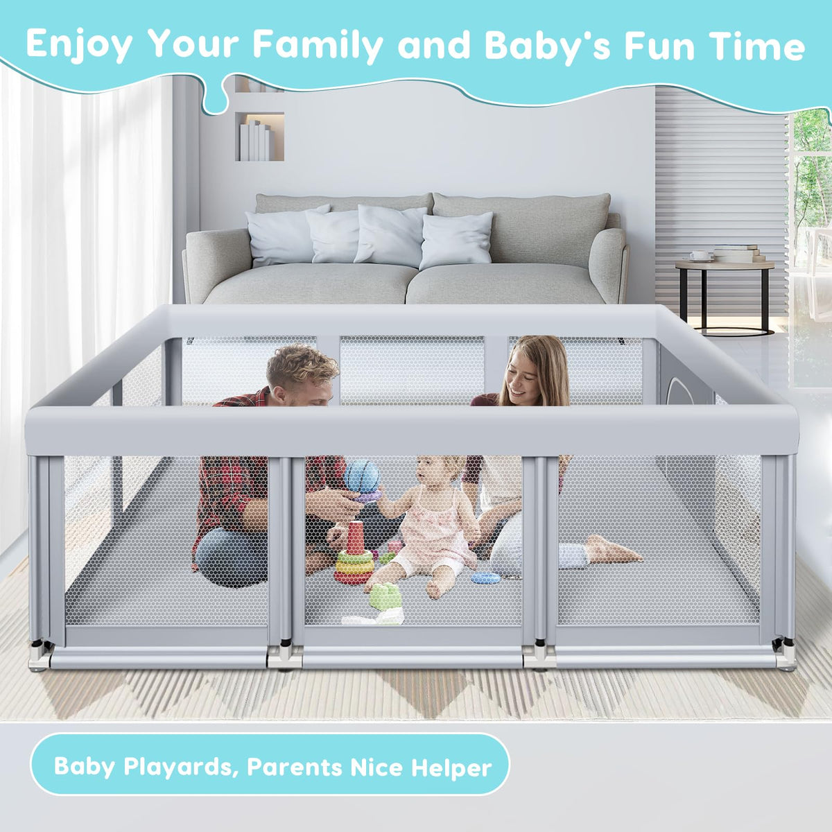 74" ×50" Large Baby Playpen with Soft Breathable Mesh, Grey Y103
