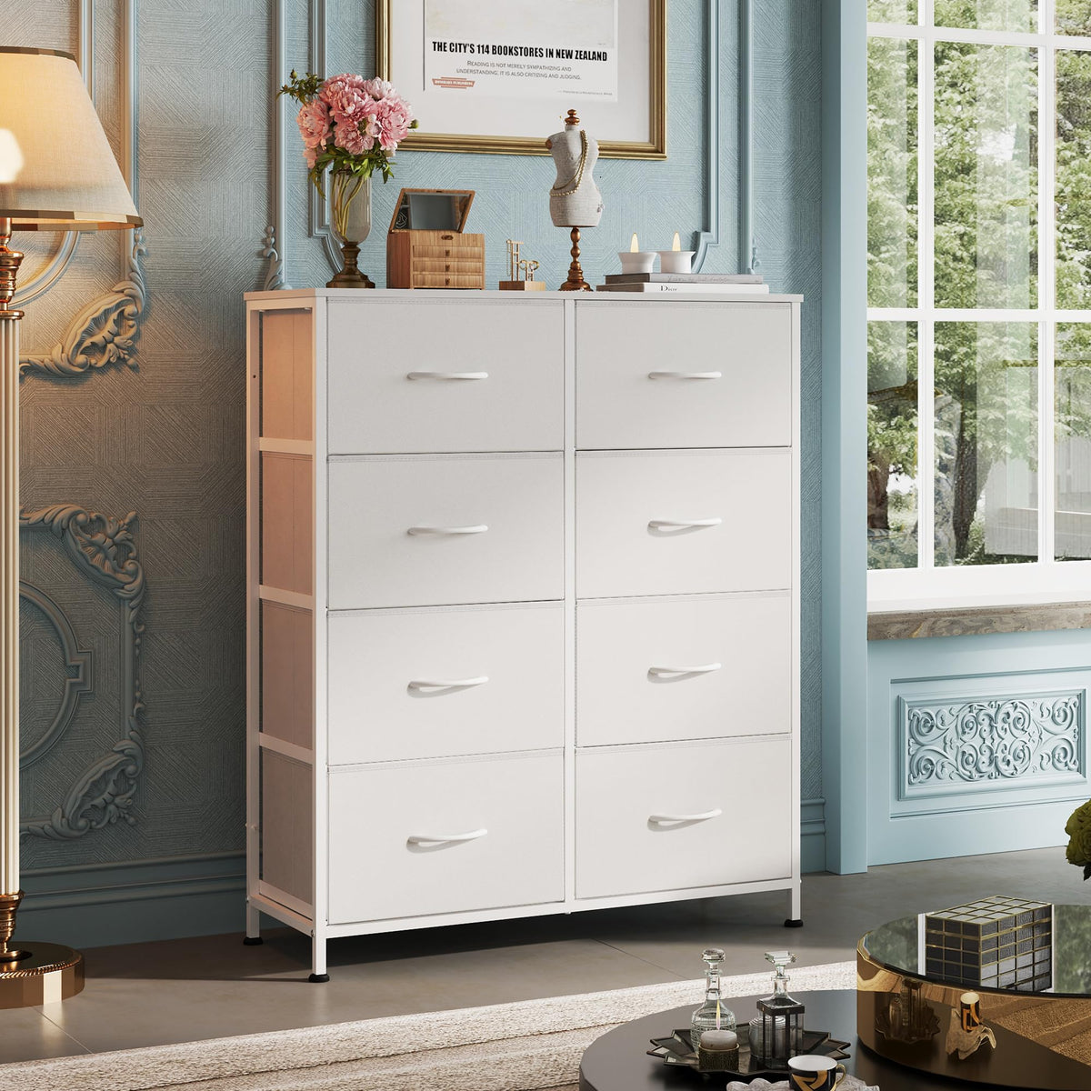 White 8 Drawer Fabric Dresser N648