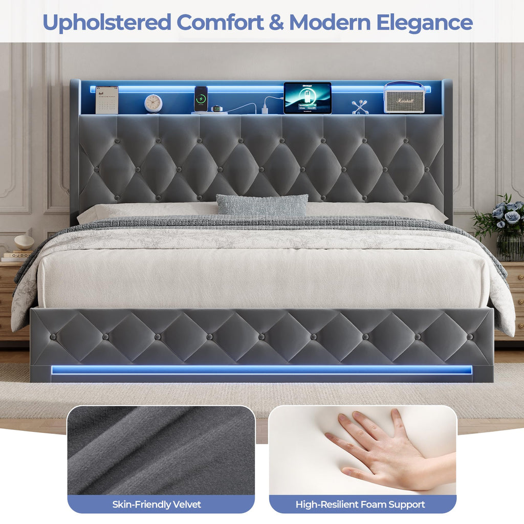 Full Size Hydraulic Lift Up Storage Bed Frame with Shelves, Side Pockets & Charging Station, Upholstered LED Platform Bed with Button Tufted Headboard, No Box Spring Needed, Velvet Grey Q415