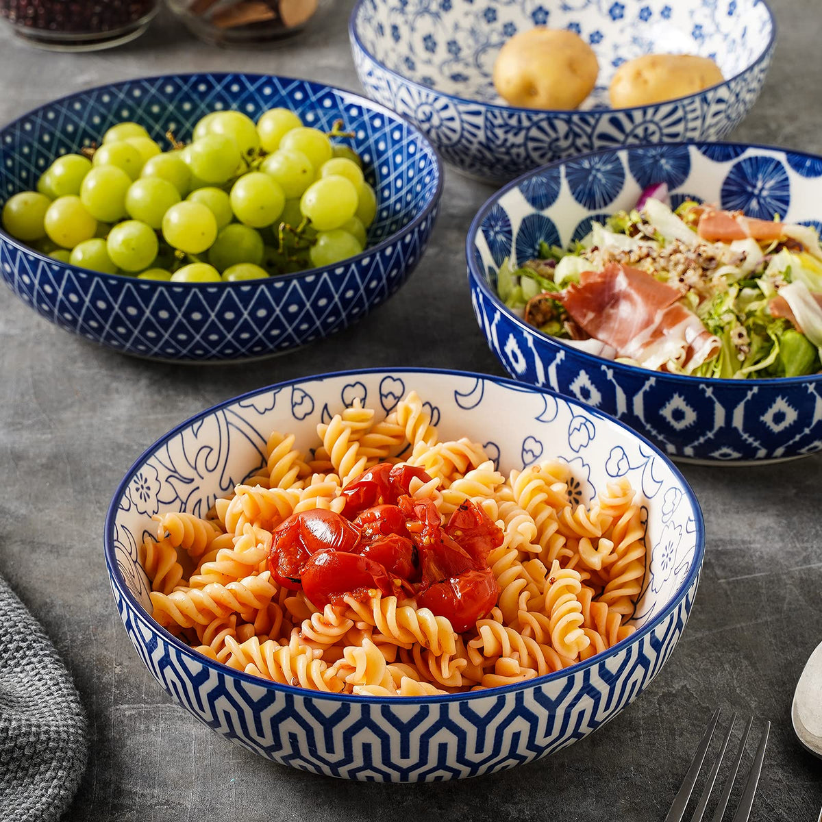 Ceramic Pasta Bowls Set of 4, 30 OZ Vintage Blue N34902