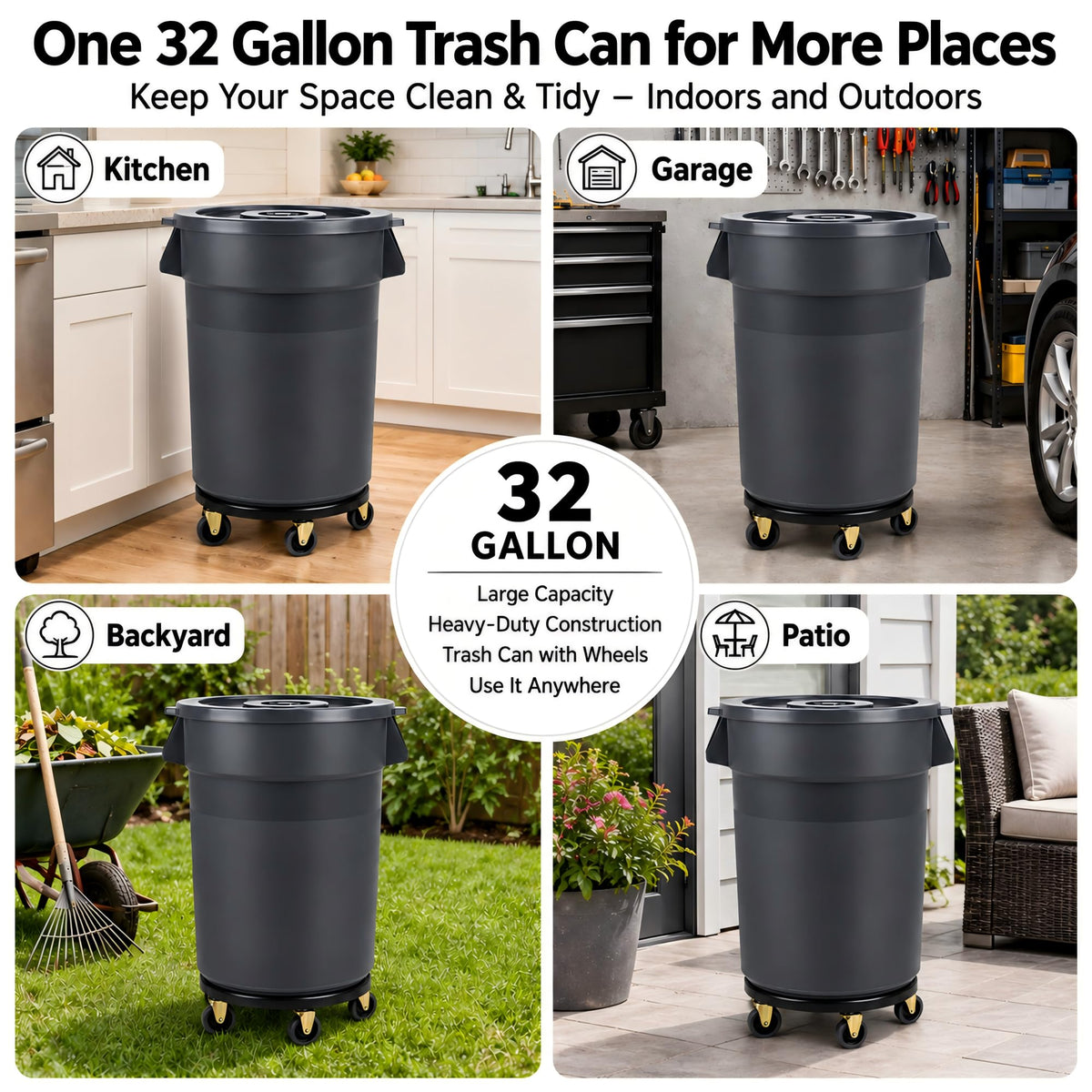 32 Gallon Trash Can with Wheels and Lid, 2 Pack O50660