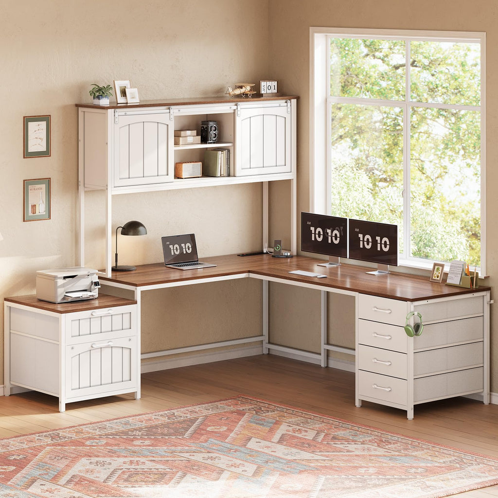 L Shaped Office Desk with 6 Drawer, Hutch L4320