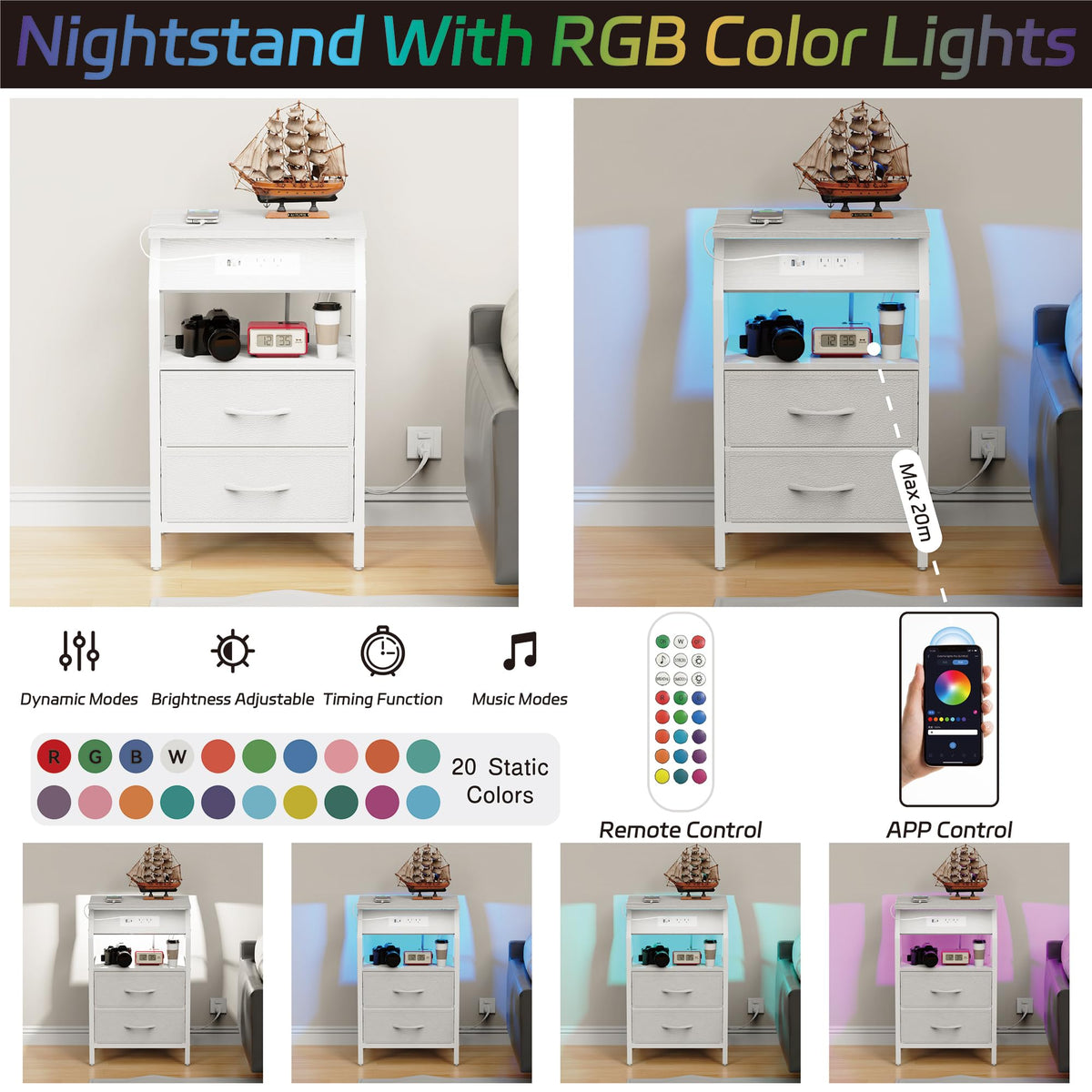 End Table with LED Lights, 2 Fabric Drawers and Charging Station Y856