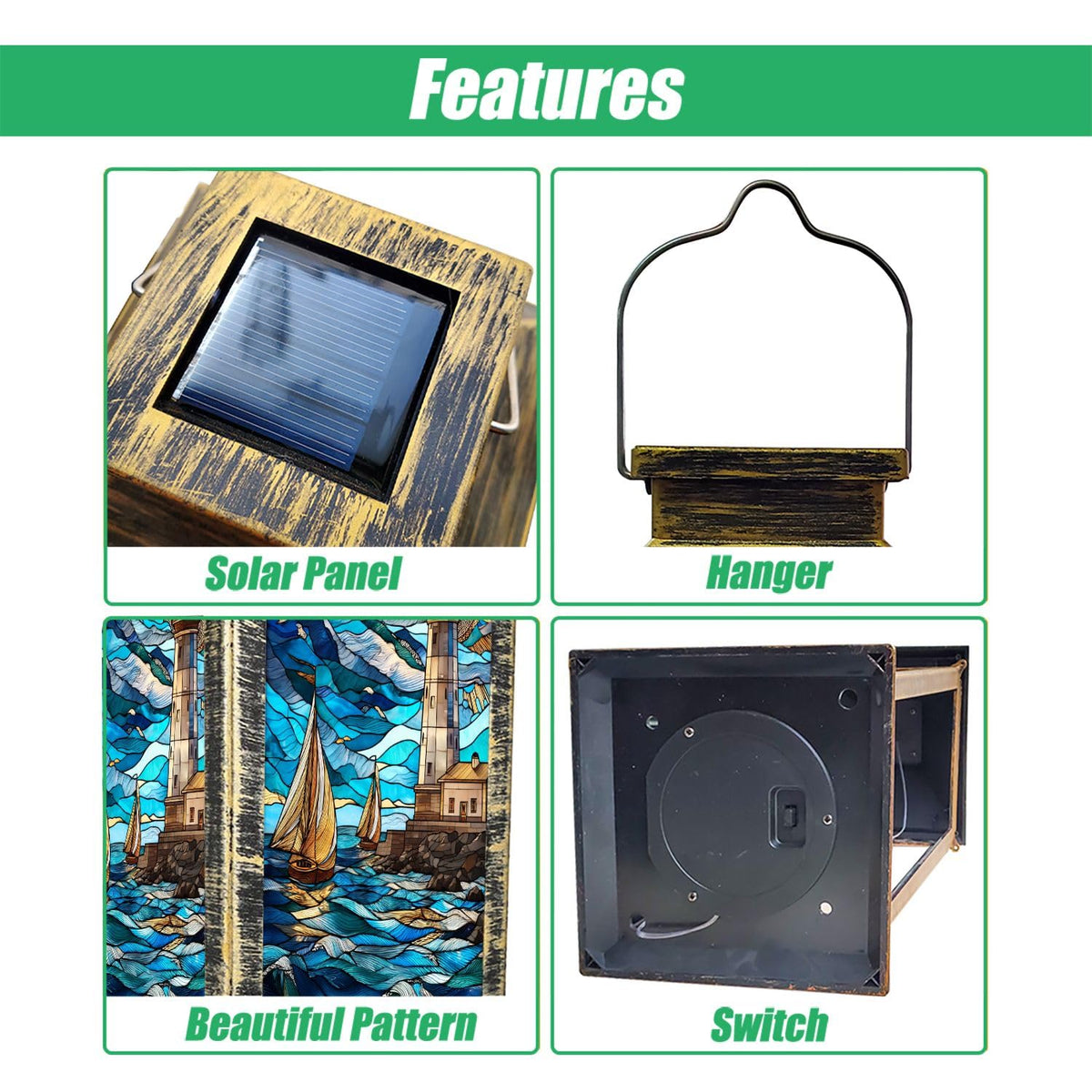 Solar Lantern Stained Glass Outdoor Waterproof Hanging Solar Light F955148