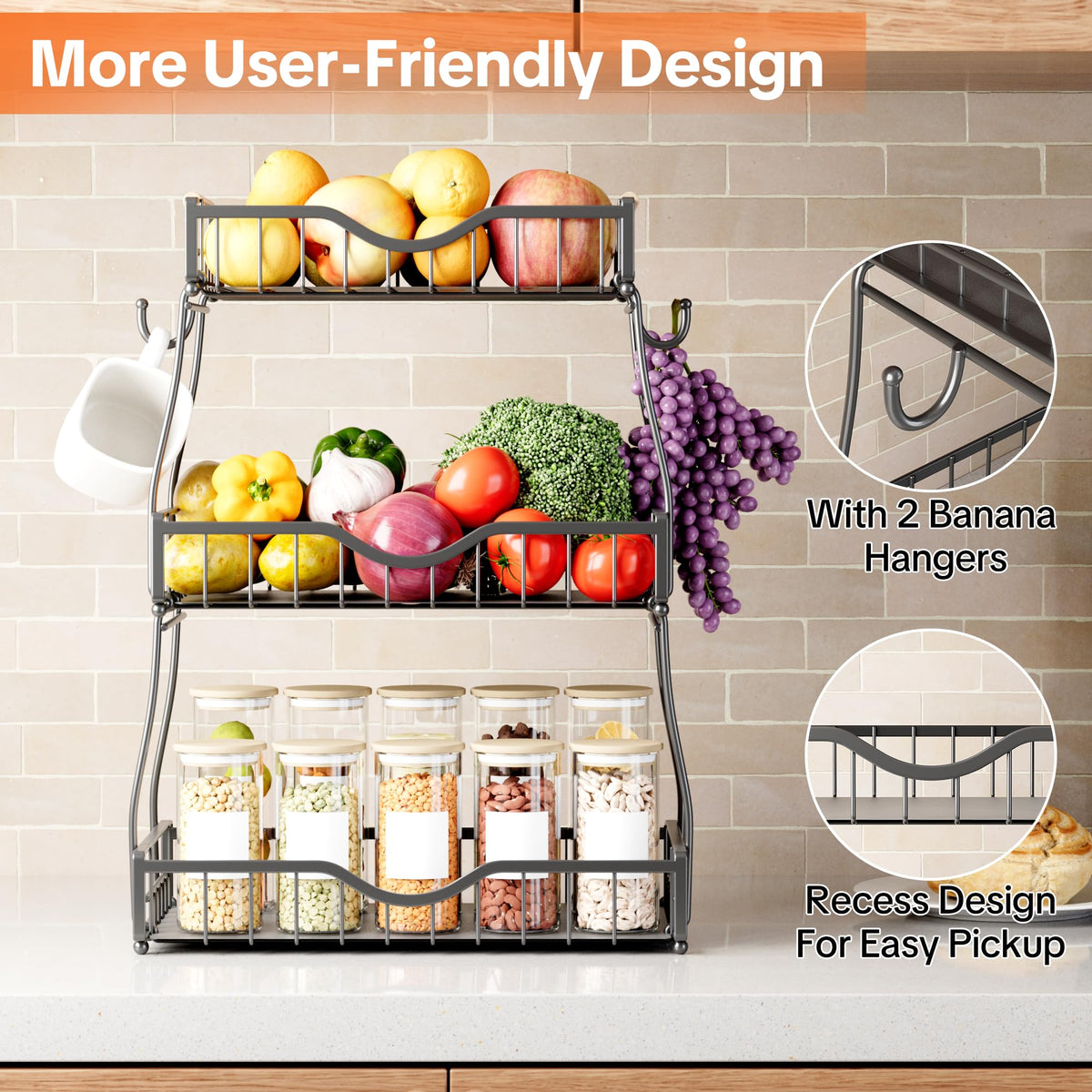 Black 3 Tier Fruit Bowl with Banana Hangers U9135