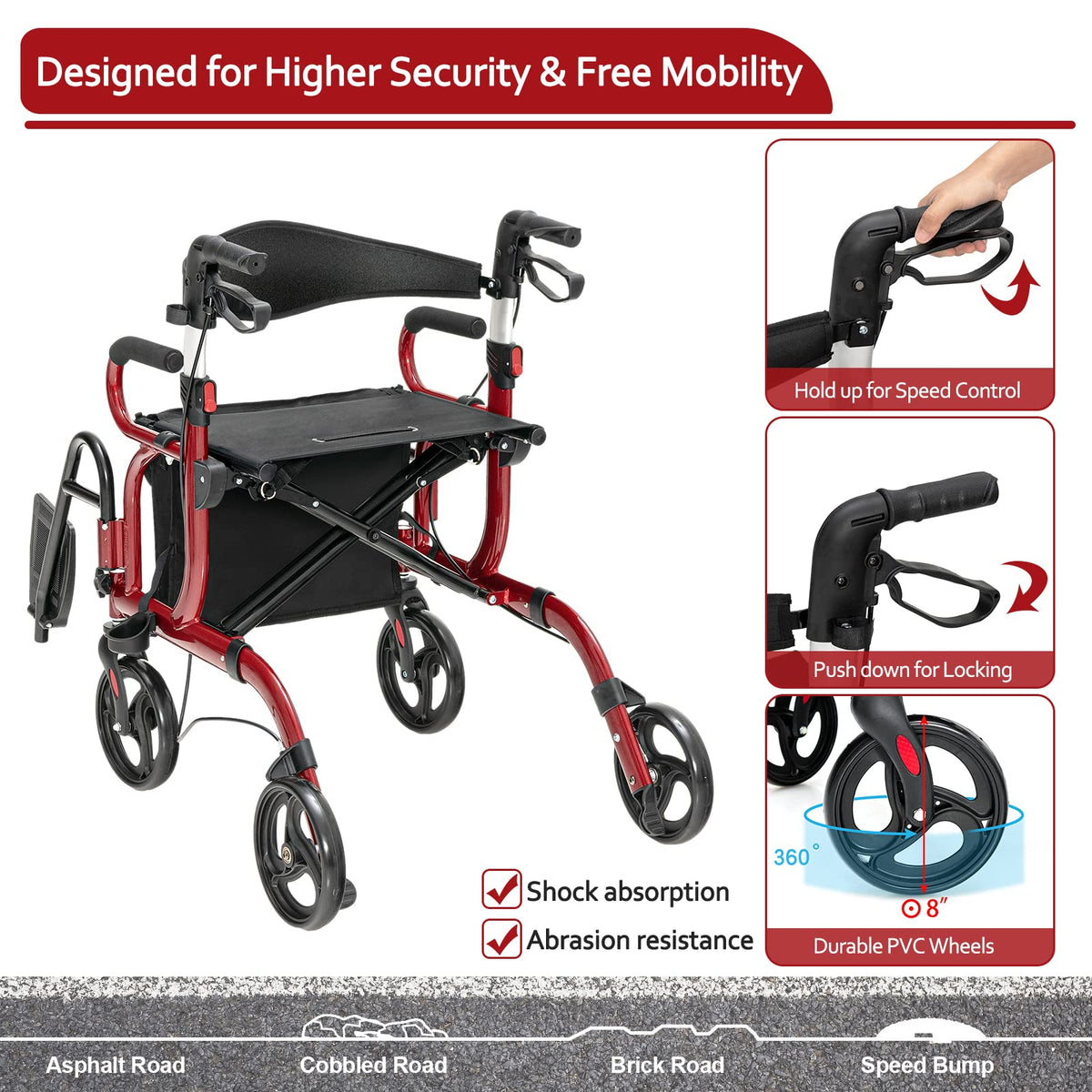 2-in-1 Folding Rollator Walker with Seat, Red O7911