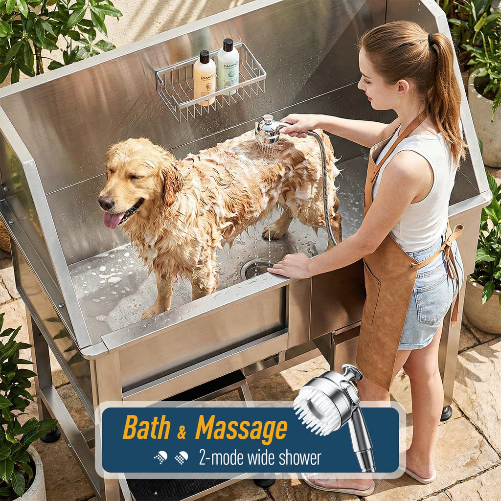 46" Stainless Steel Dog Washing Station with Removable Left Ramp & Storage Drawer H3141
