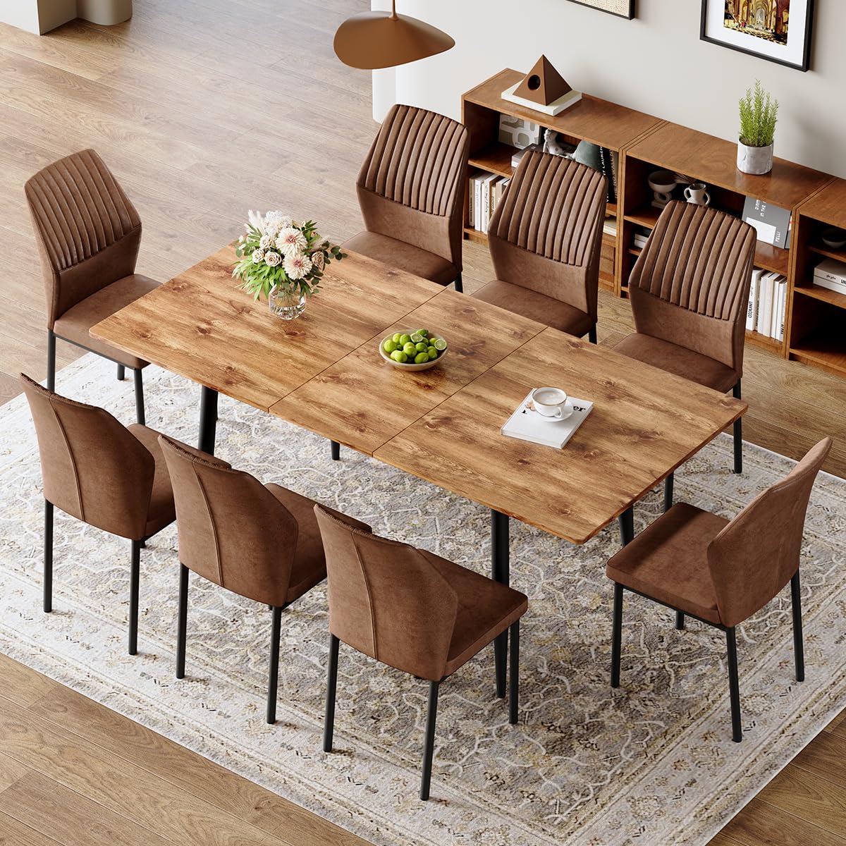 Extendable Dining Table Set for 8 Wood Upholstered Chairs N126