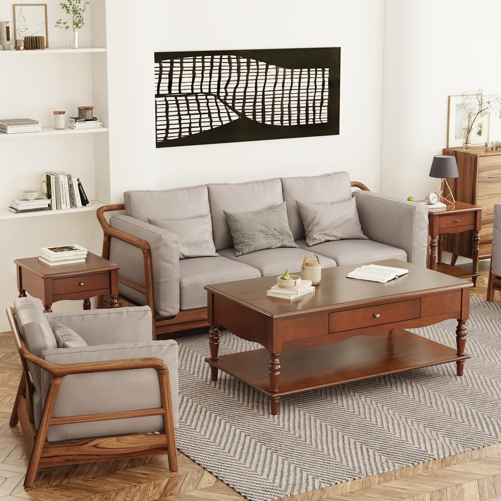Caramel Brown Coffee Table and Two End Tables with Storage Drawer O2095
