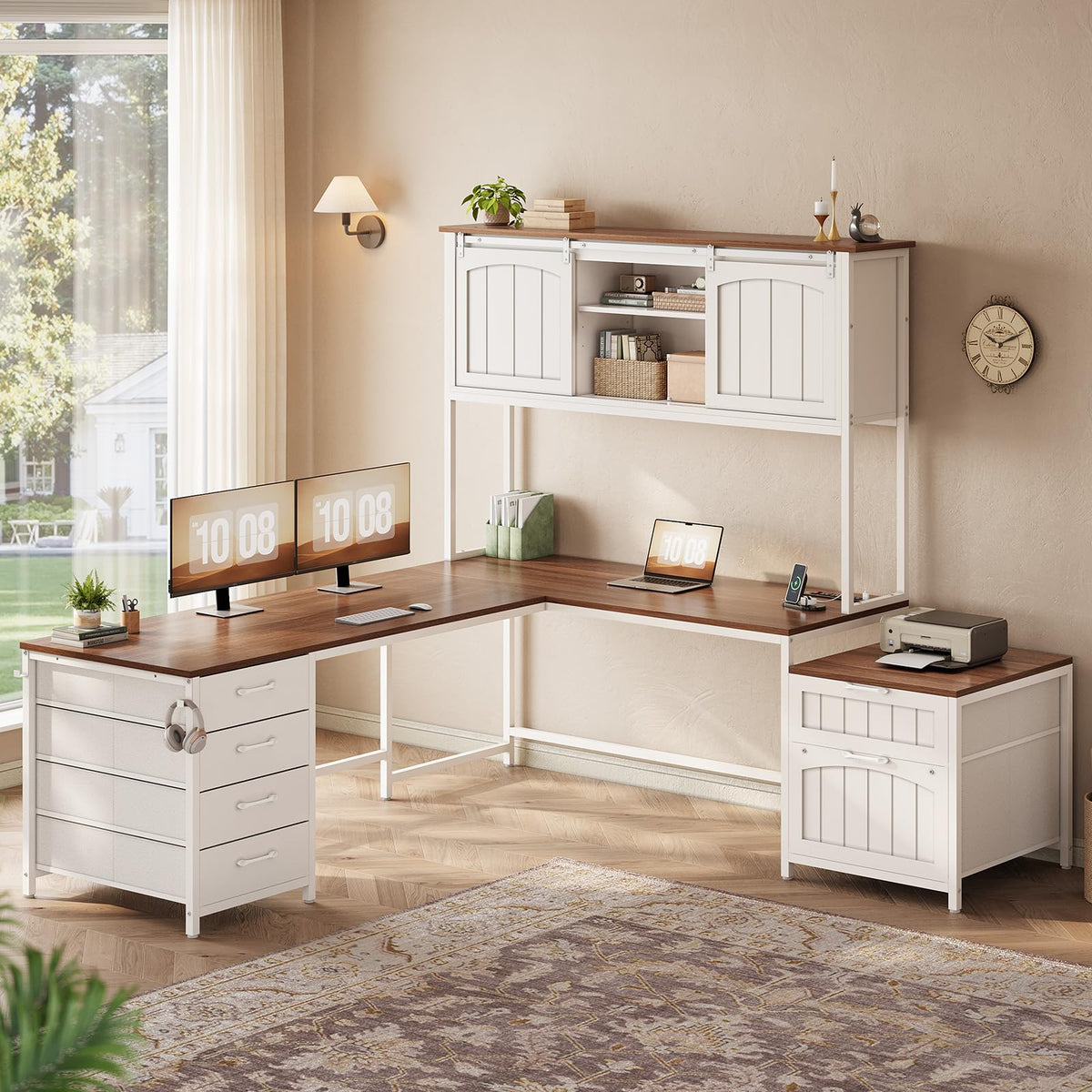 L Shaped Office Desk with 6 Drawer, Hutch L4320