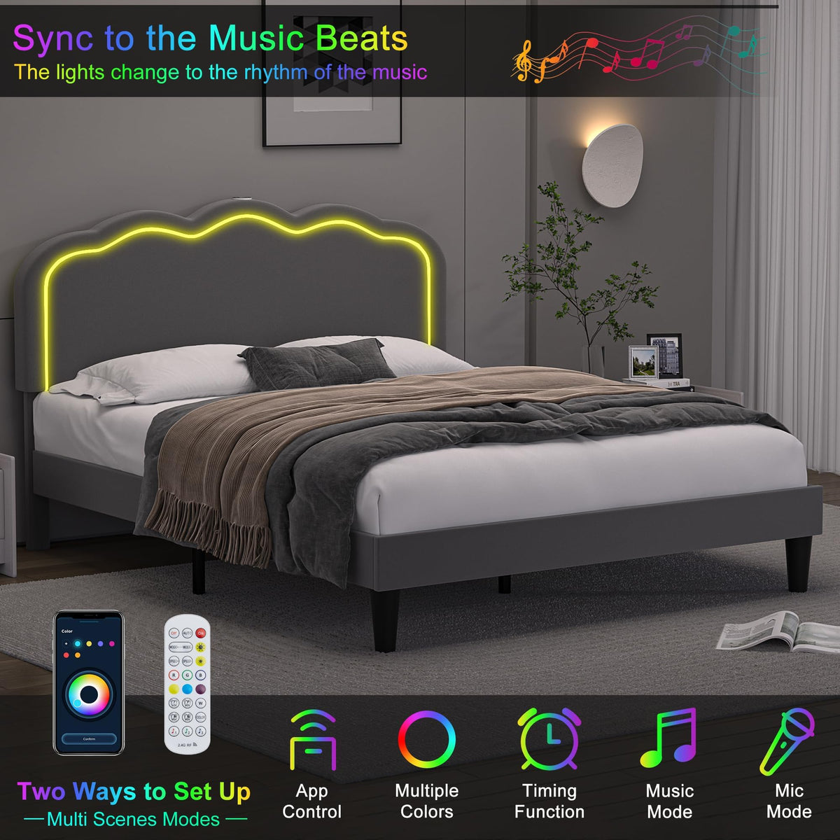 Queen Size Velvet Upholstered Platform Bed Frame with Headboard E433