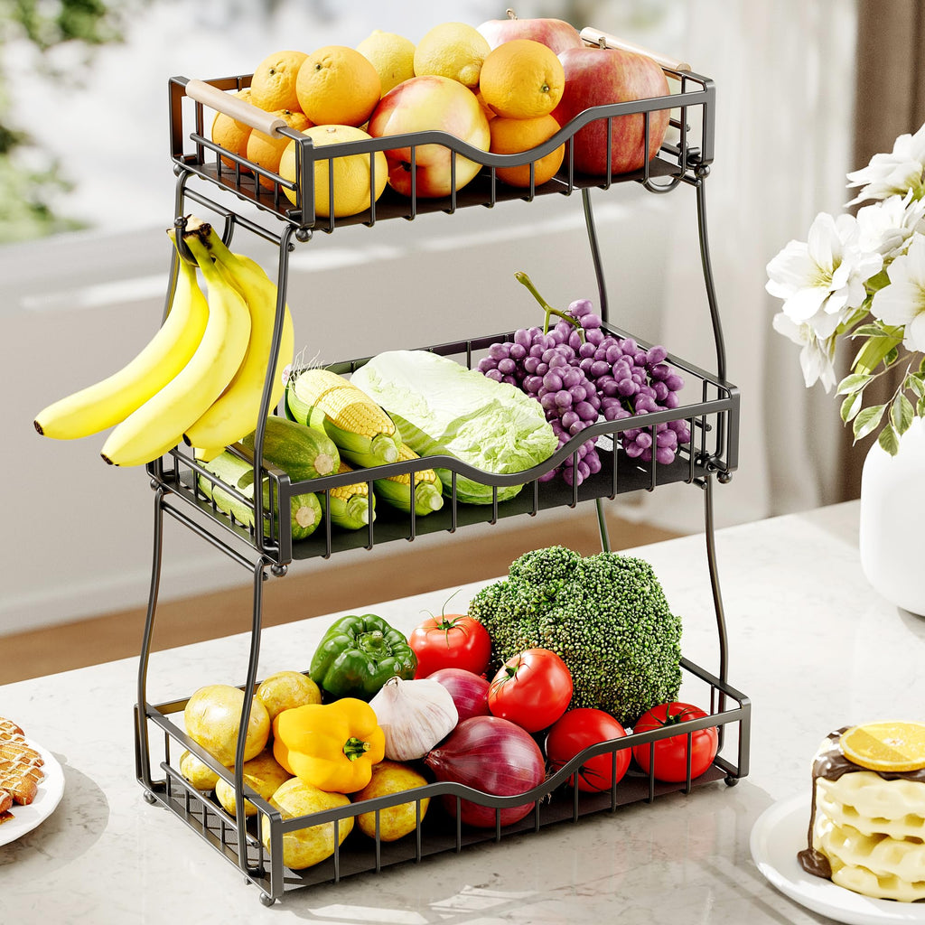 Black 3 Tier Fruit Bowl with Banana Hangers U9135