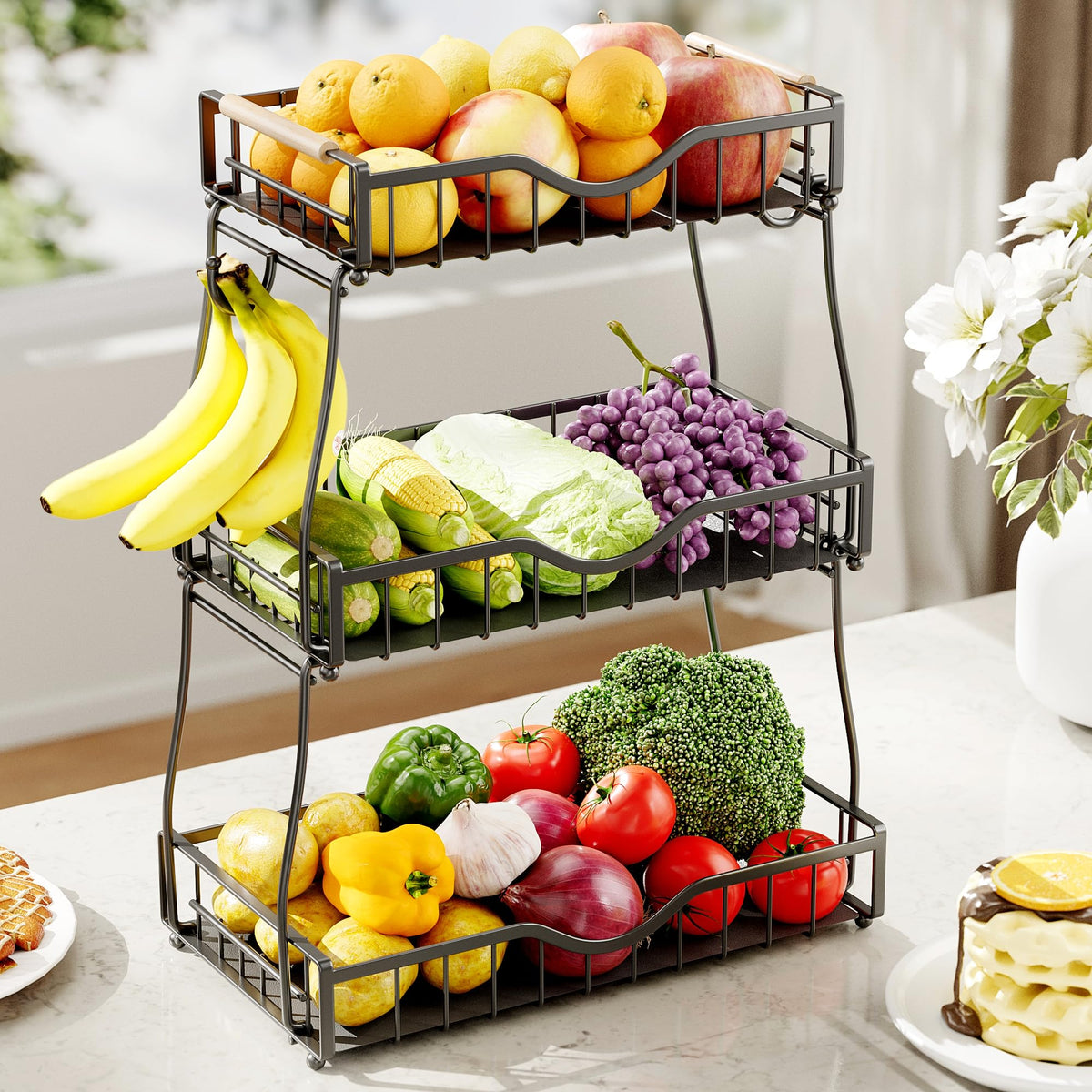 Black 3 Tier Fruit Bowl with Banana Hangers U9135