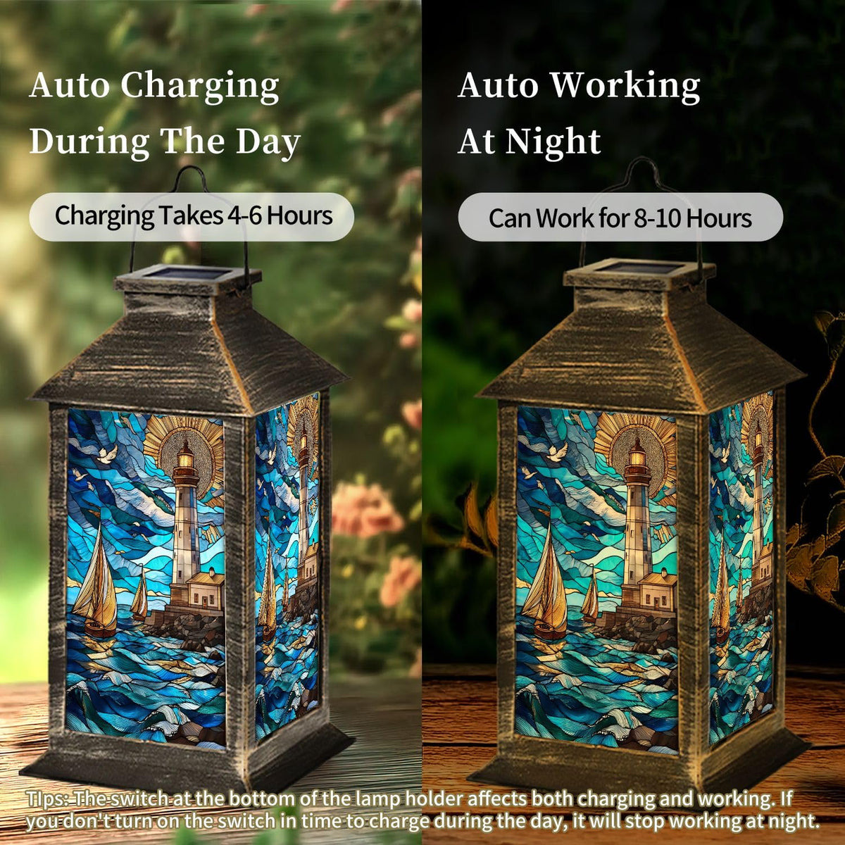 Solar Lantern Stained Glass Outdoor Waterproof Hanging Solar Light F955148