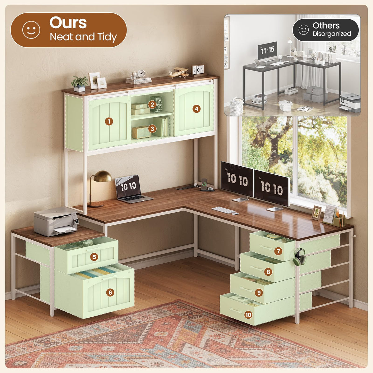 L Shaped Office Desk with 6 Drawer, Hutch L4320