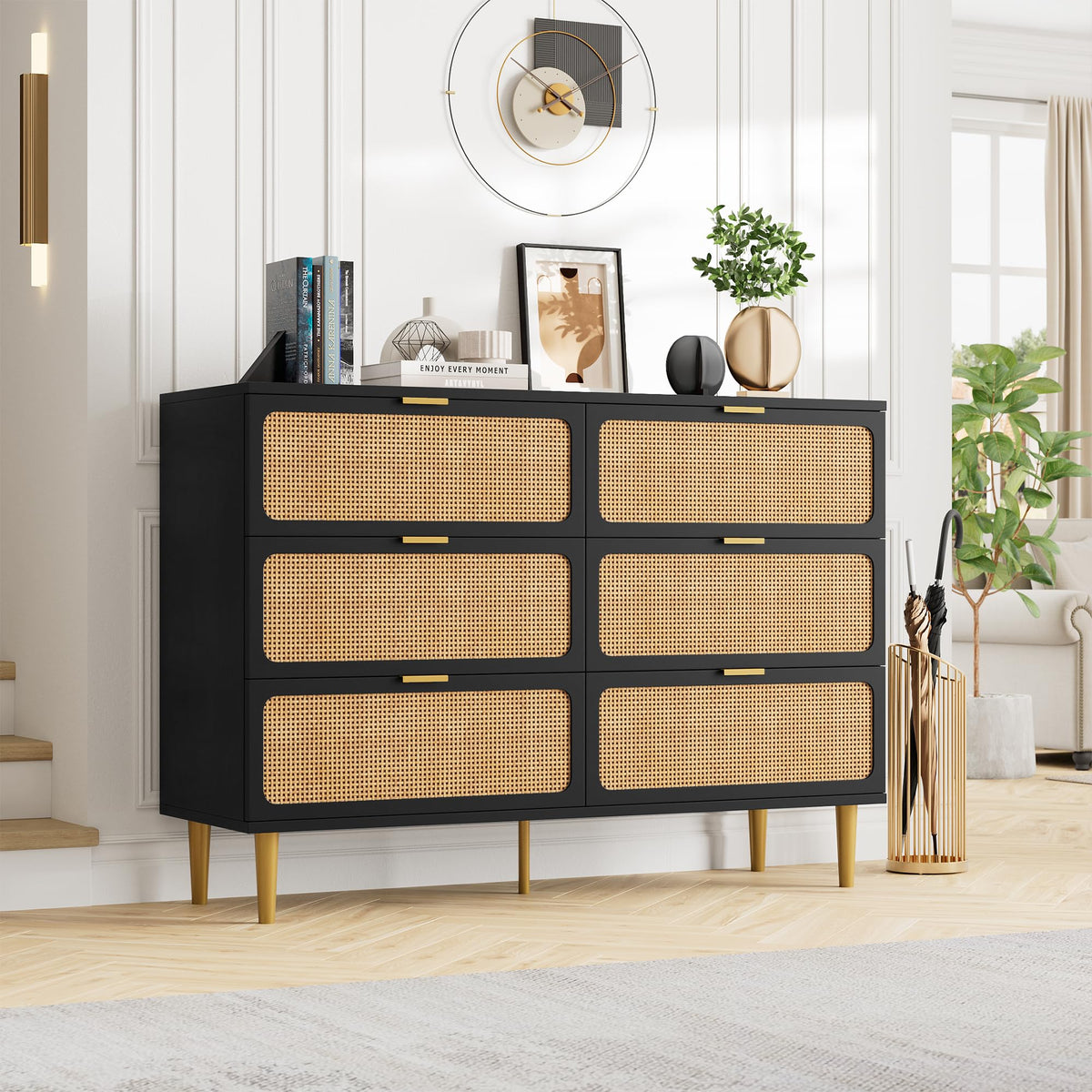 Black Rattan 6 Drawer Dresser M189