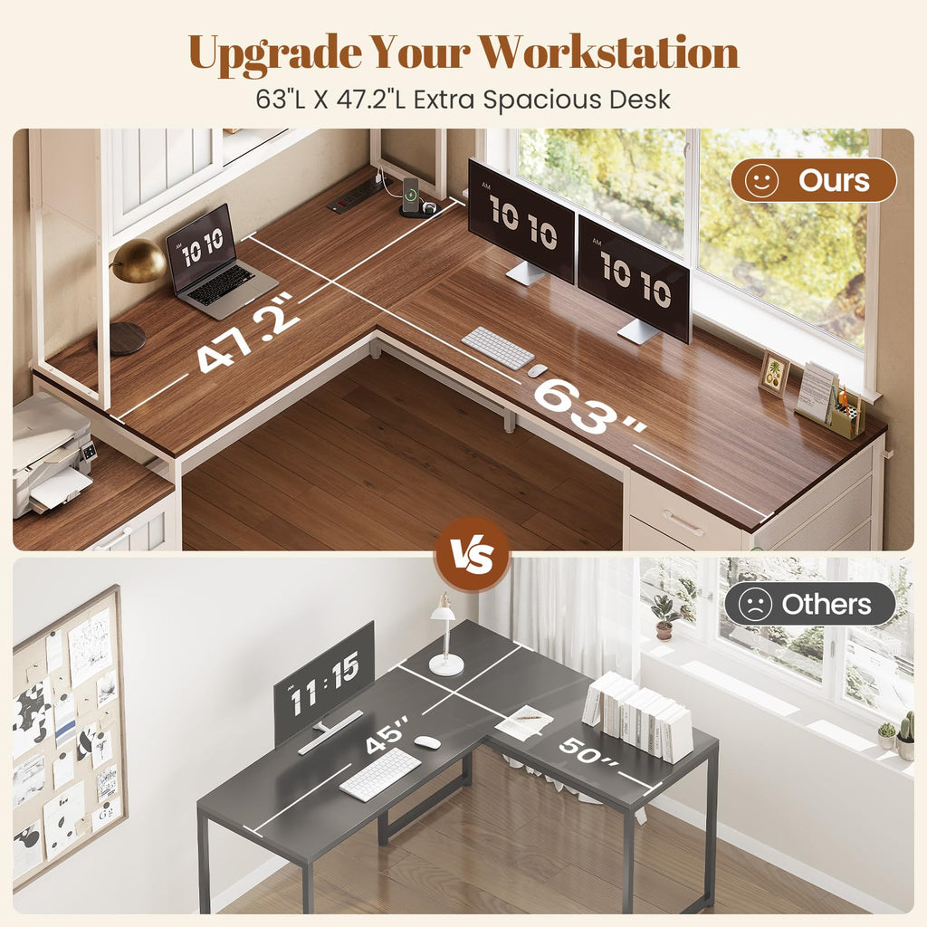 L Shaped Office Desk with 6 Drawer, Hutch L4320
