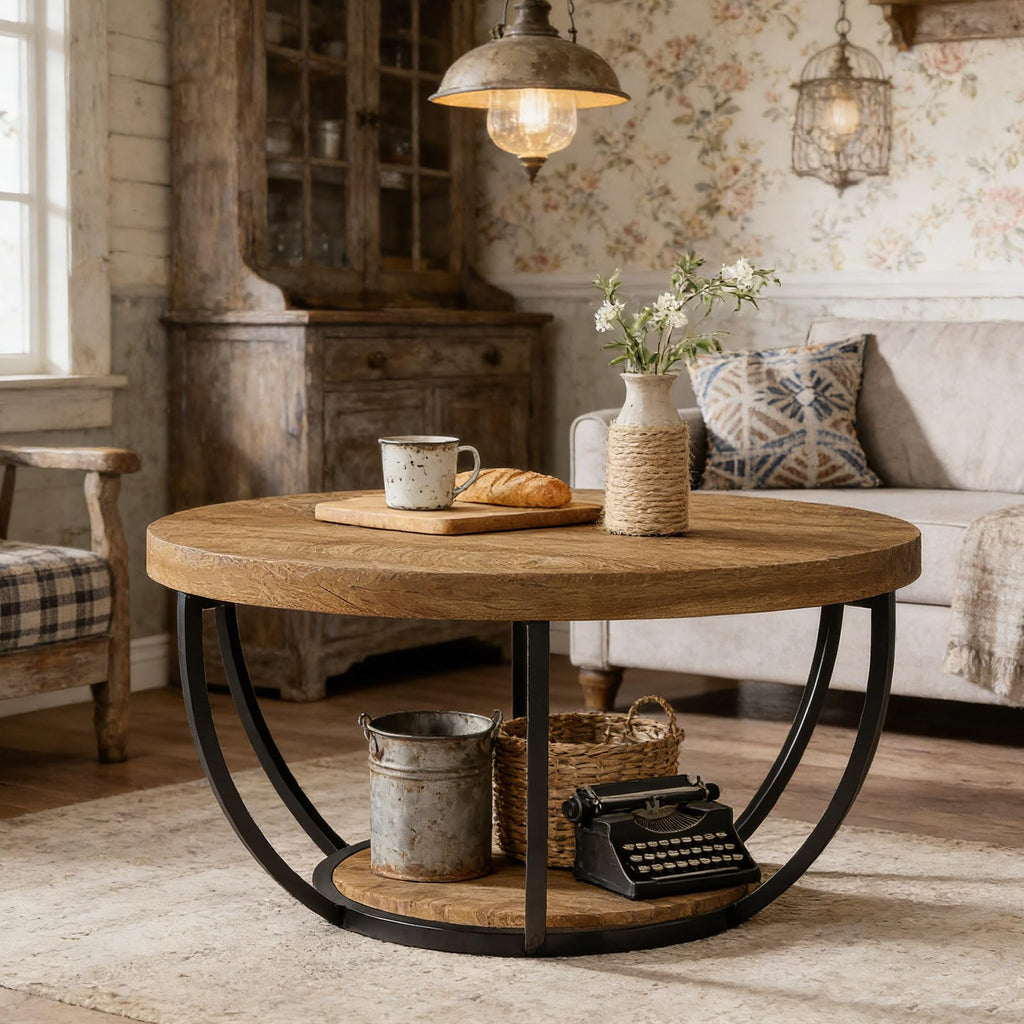 Round 2-Tier Wood Coffee Table with Storage P758
