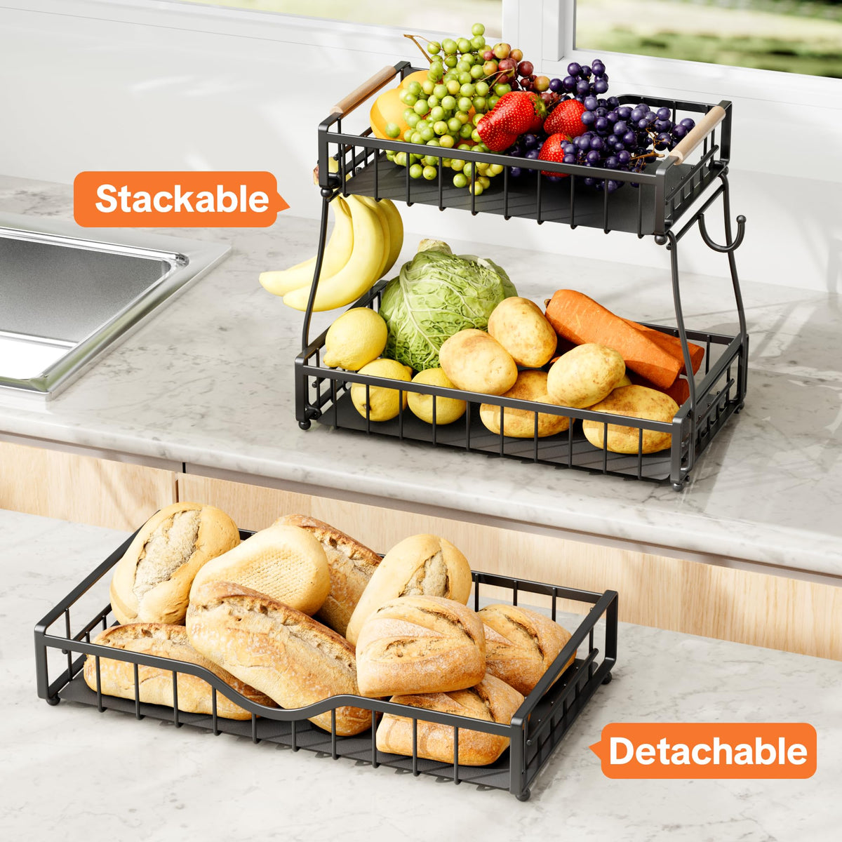 Black 3 Tier Fruit Bowl with Banana Hangers U9135