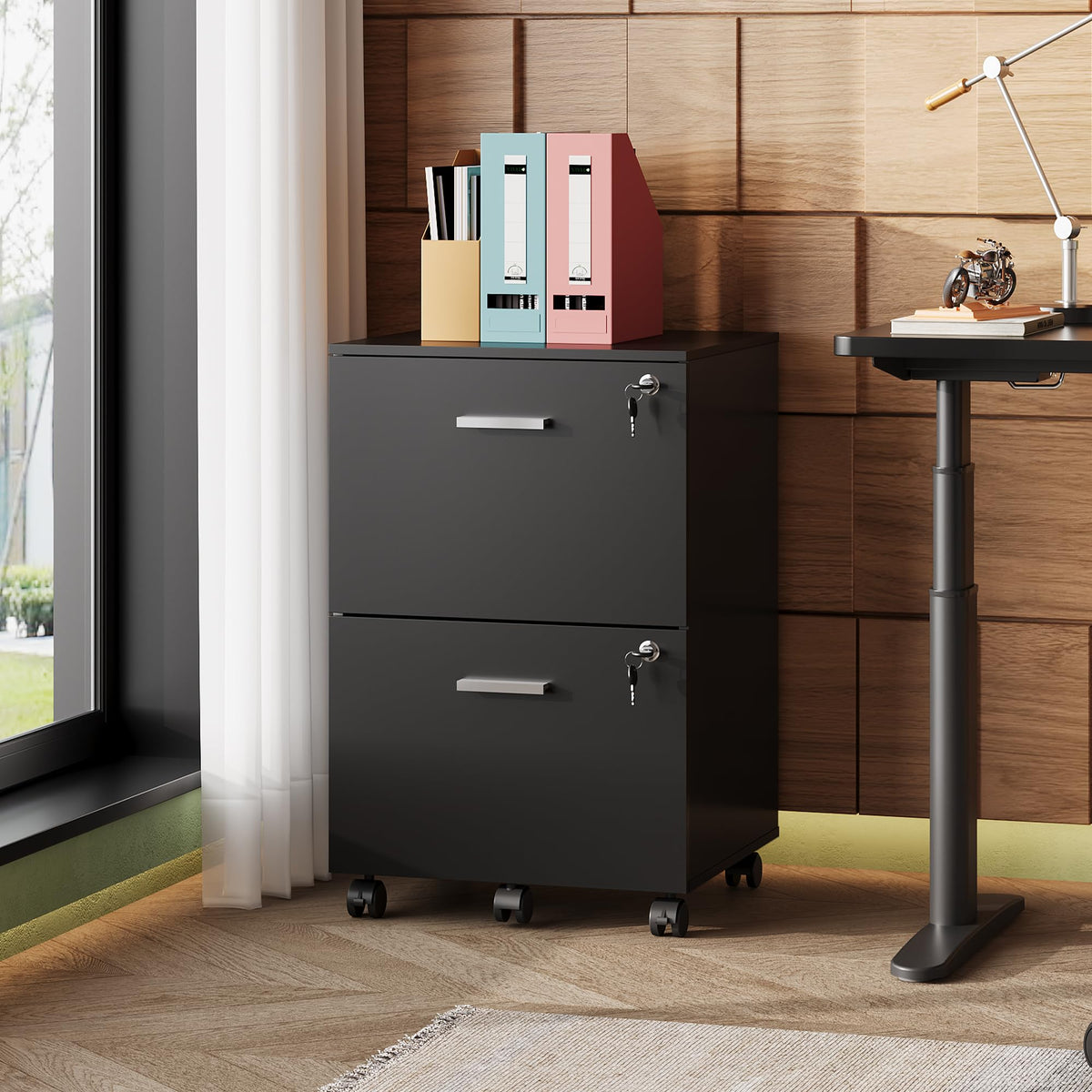 2 Drawer Wood File Cabinet with Lock, Black M64342