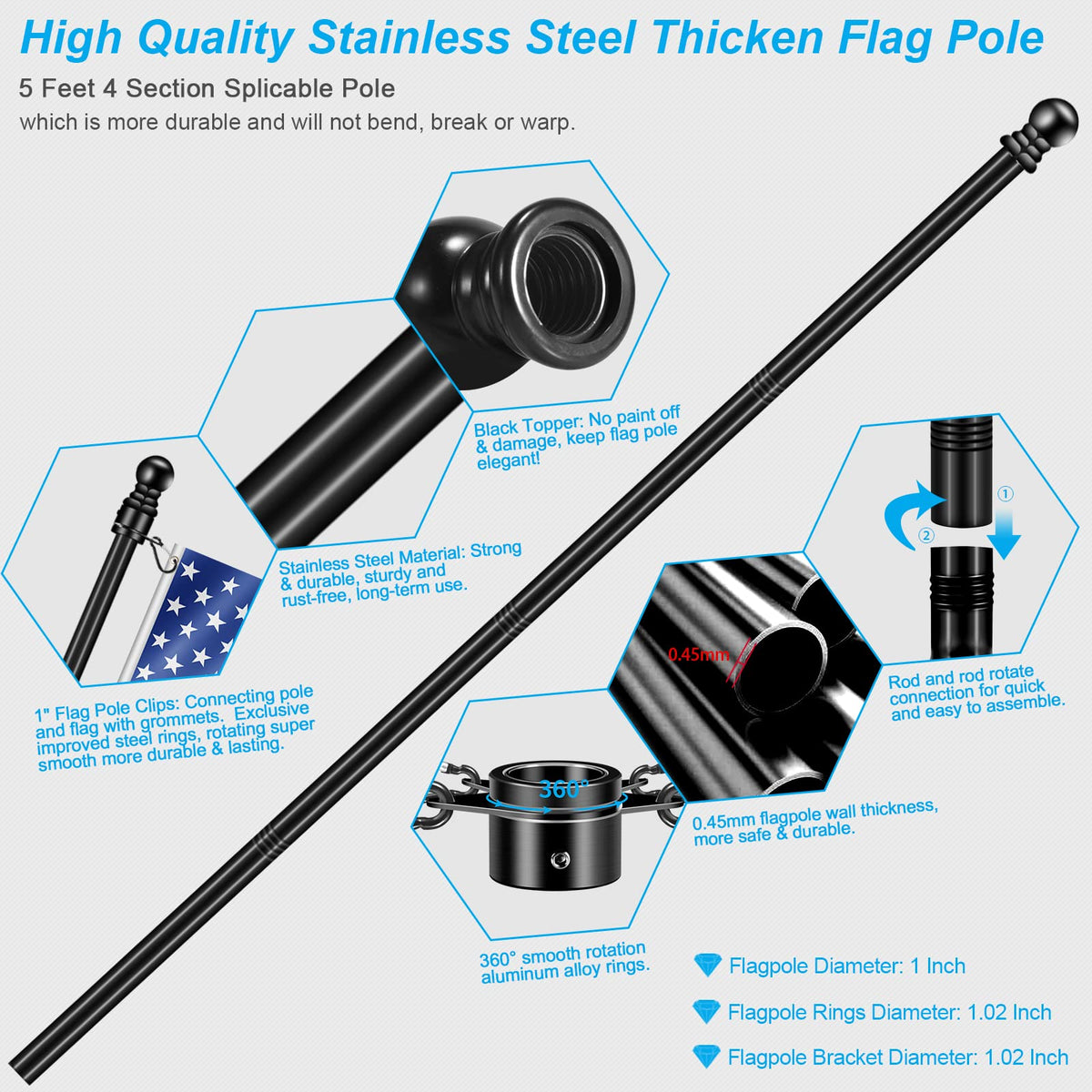 5 FT Stainless Steel Flag Pole Kit with Holder Bracket K9336