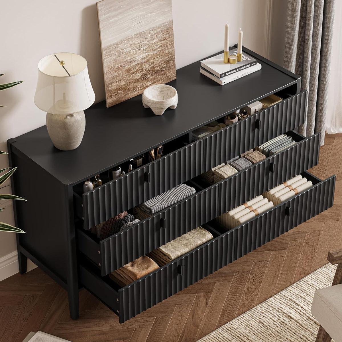 Black 6 Drawer Wood Dresser C640