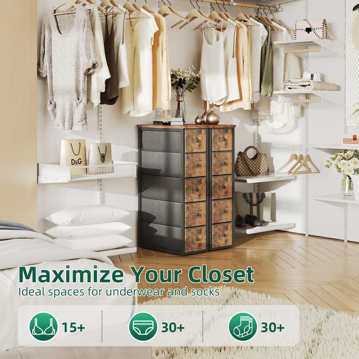 Narrow 5 Fabric Drawers Rustic Brown Dresser N74321