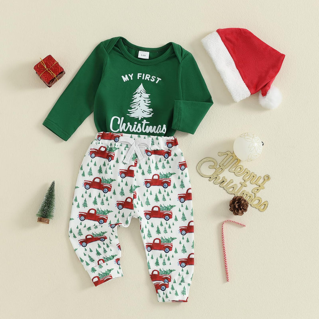 Christmas Baby Boy Long Sleeve Romper Onesie Pants Santa Hat C123