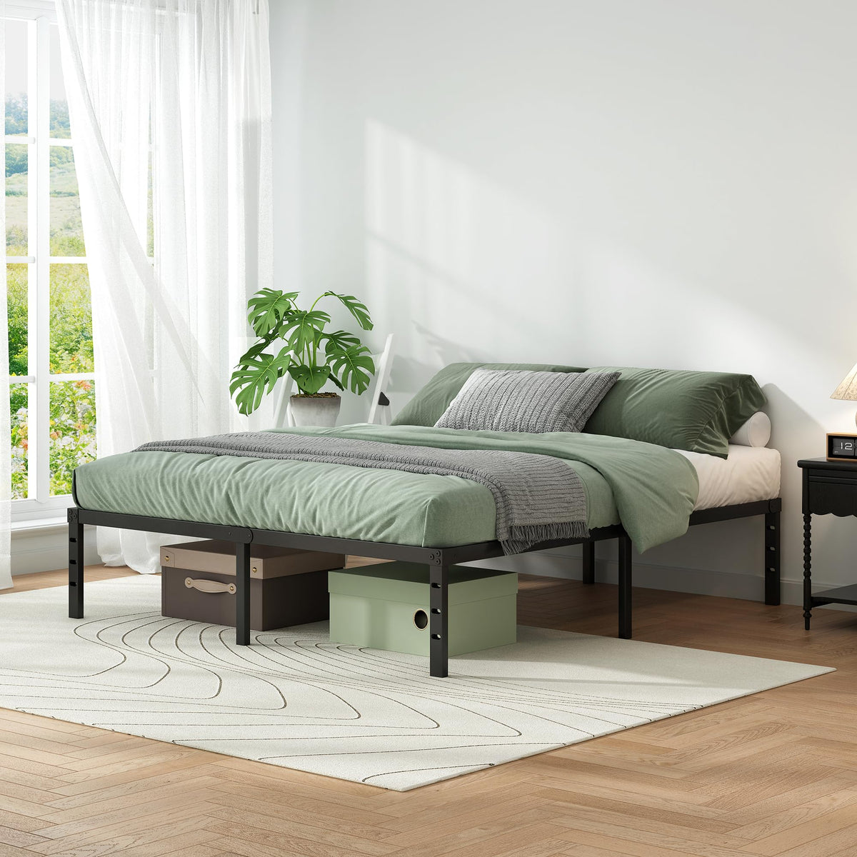 Black Metal Platform Bed Frame Full Size, 18 Inch Height with Underbed Storage I610