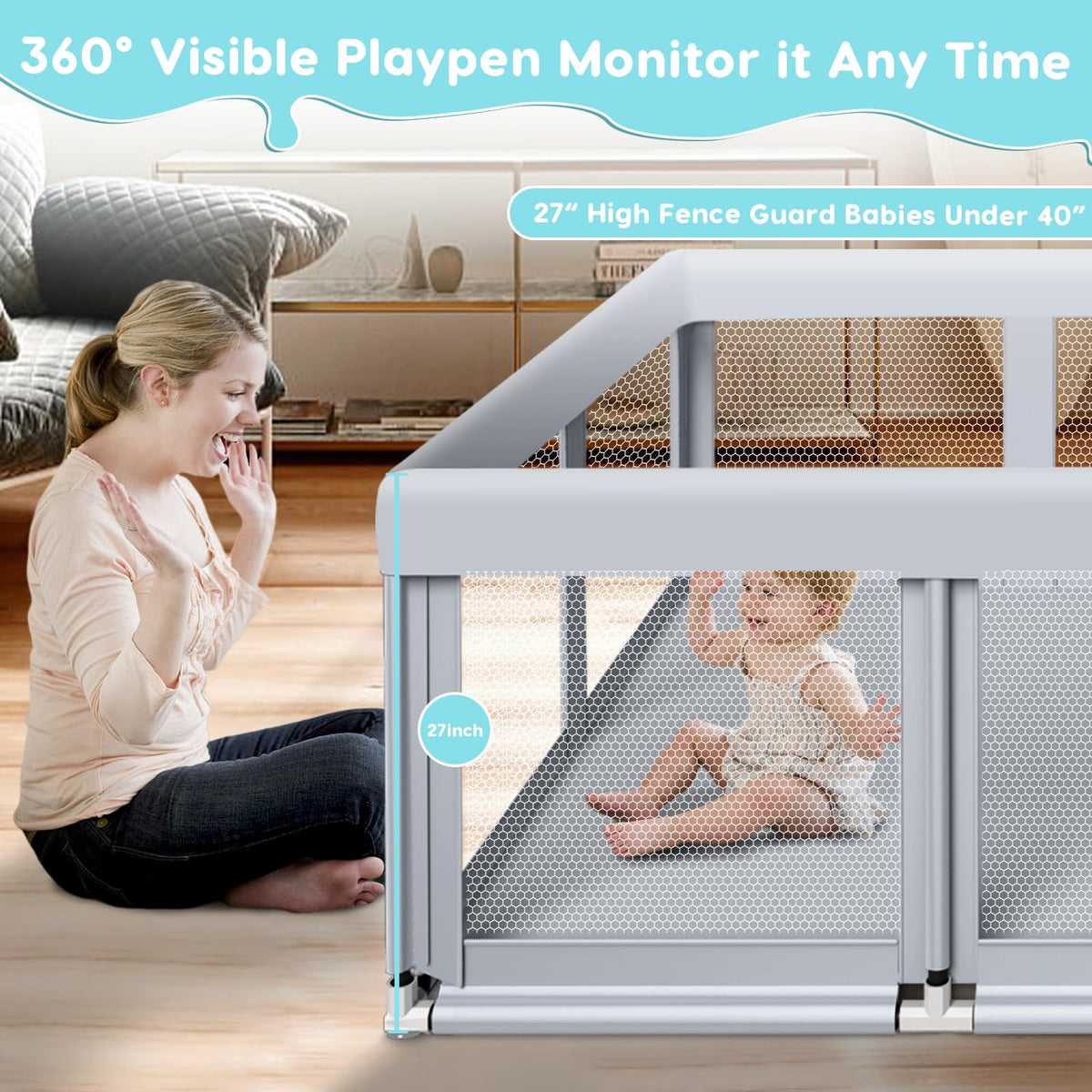 74" ×50" Large Baby Playpen with Soft Breathable Mesh, Grey Y103