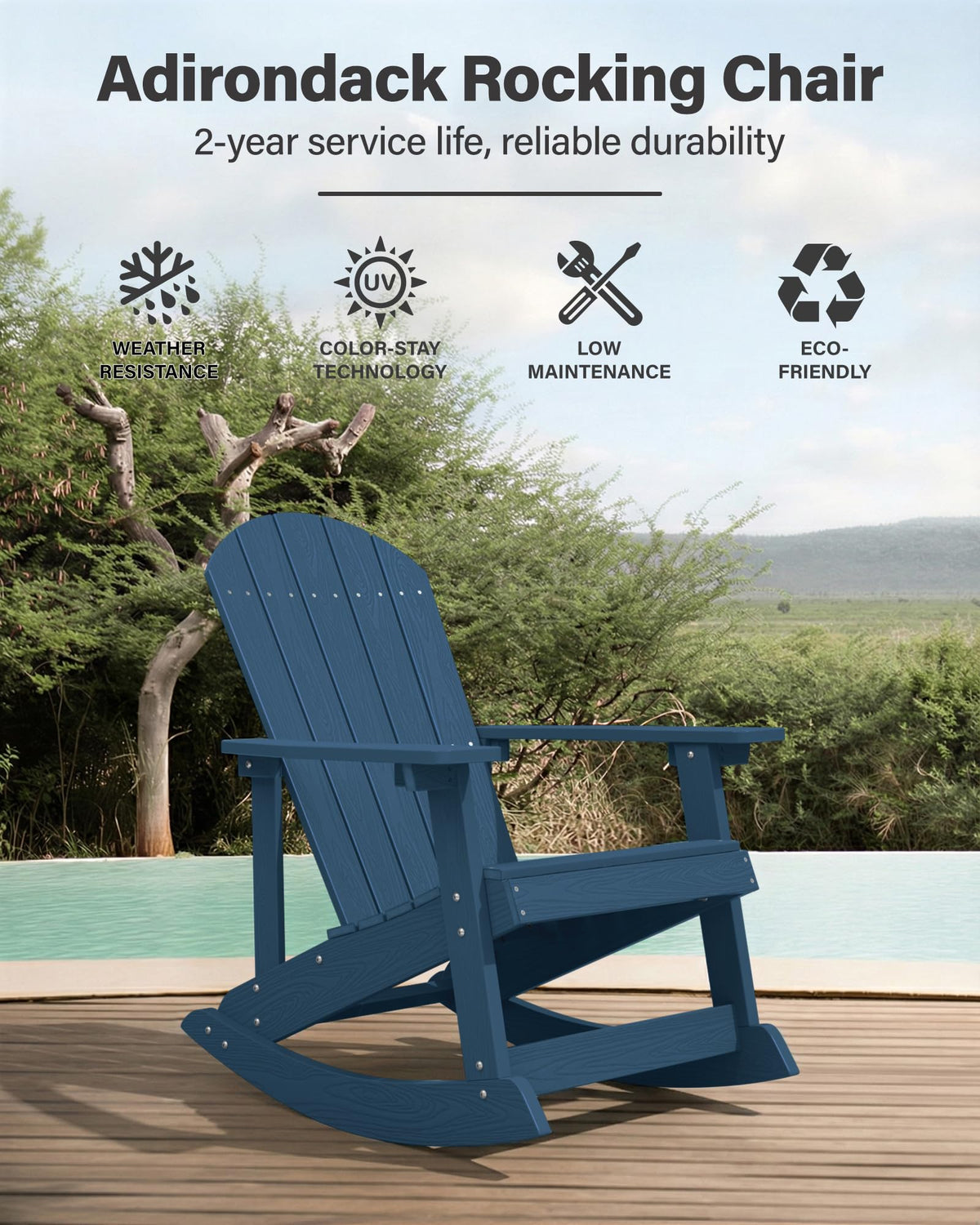 Navy Blue All-Weather Resistant Adirondack Rocking Chair Set of 2 T703