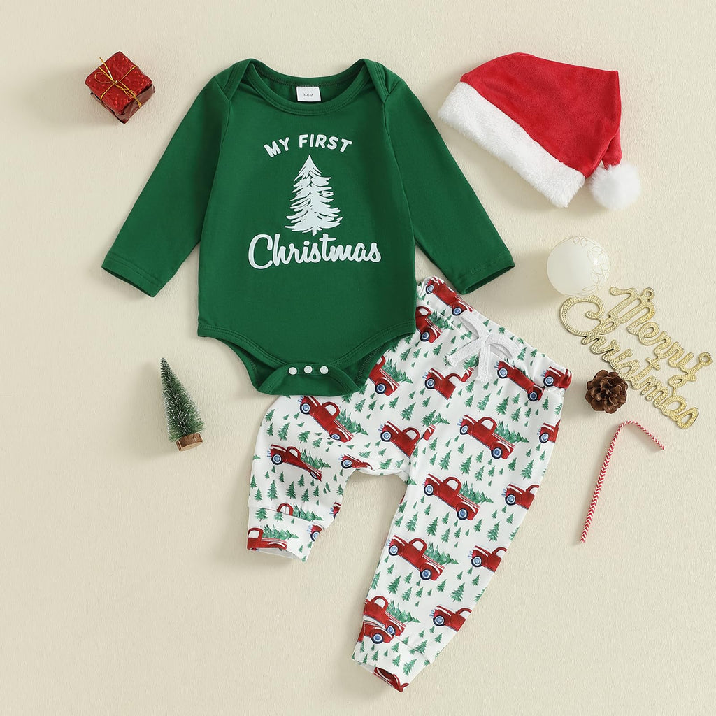 Christmas Baby Boy Long Sleeve Romper Onesie Pants Santa Hat C123