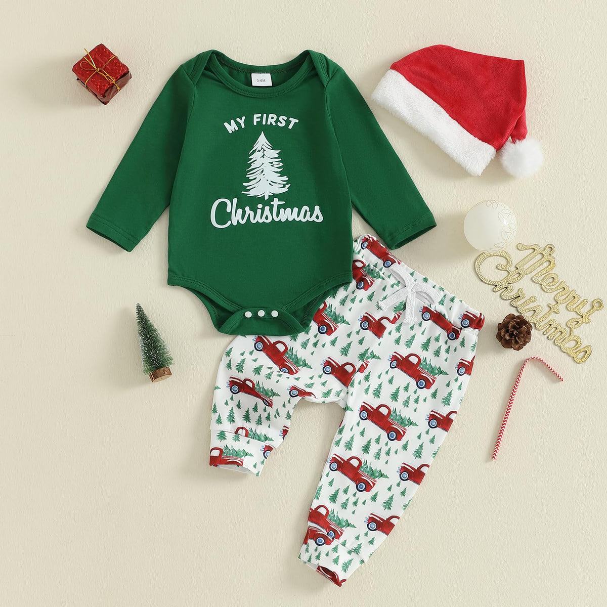 Christmas Baby Boy Long Sleeve Romper Onesie Pants Santa Hat C123