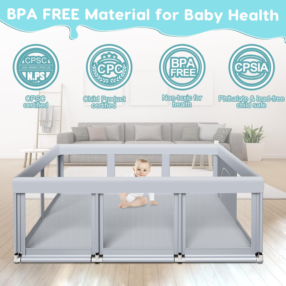 74" ×50" Large Baby Playpen with Soft Breathable Mesh, Grey Y103