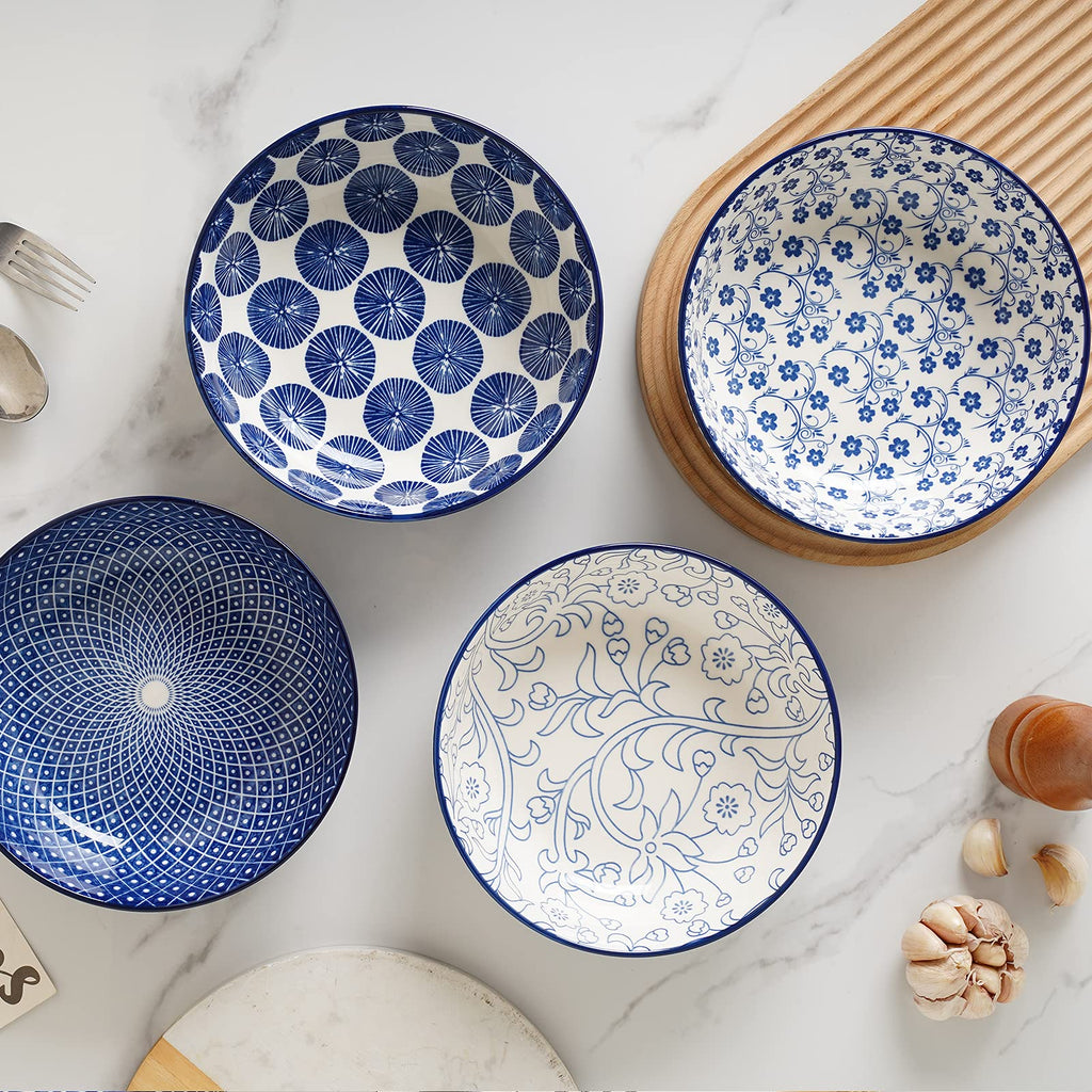 Ceramic Pasta Bowls Set of 4, 30 OZ Vintage Blue N34902