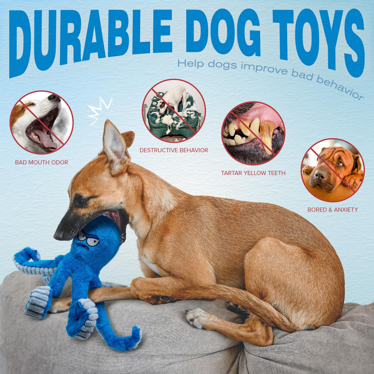 Stuffed Squeaky Crinkle Blue Octopus Dog Toy Y190