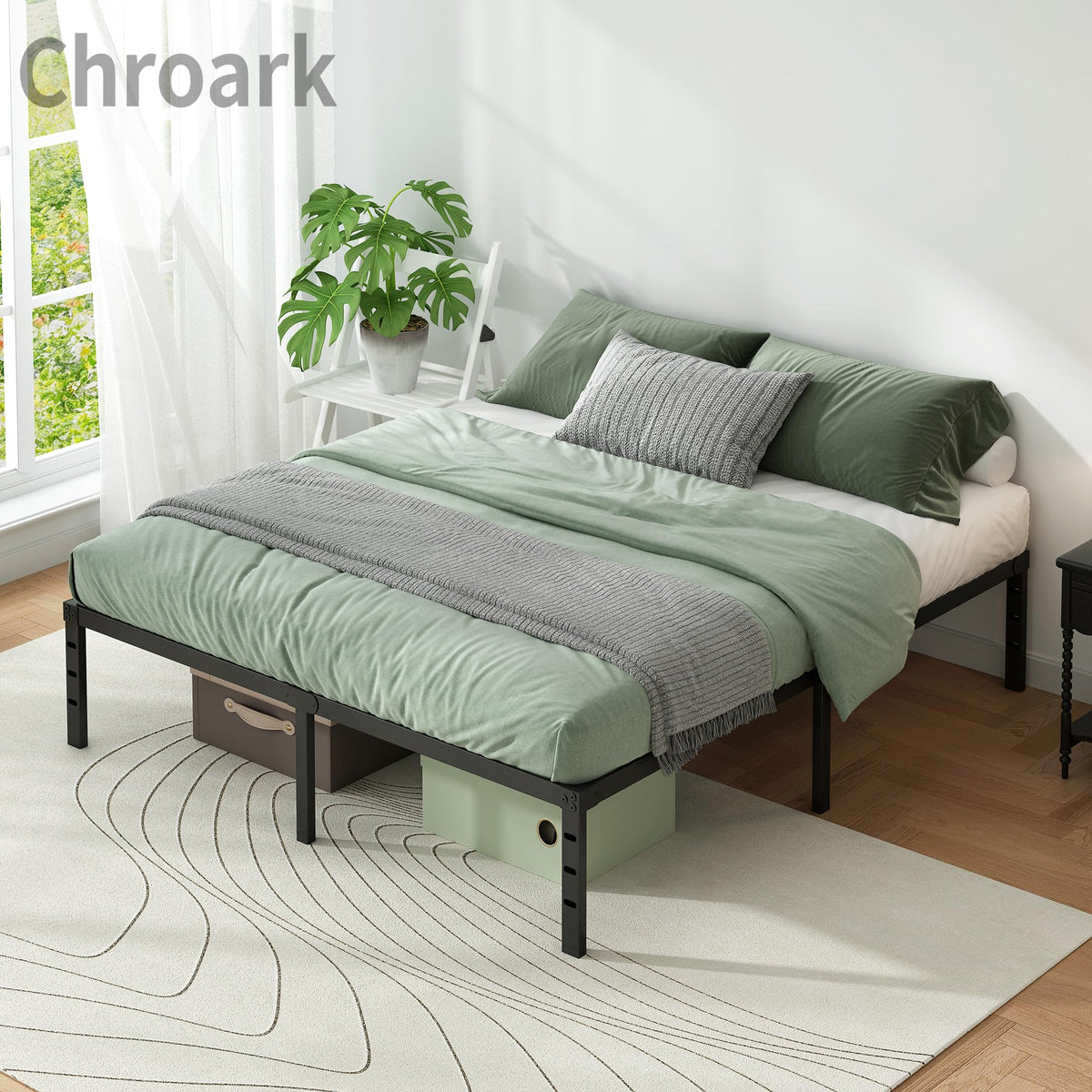 Black Metal Platform Bed Frame Full Size, 18 Inch Height with Underbed Storage I610