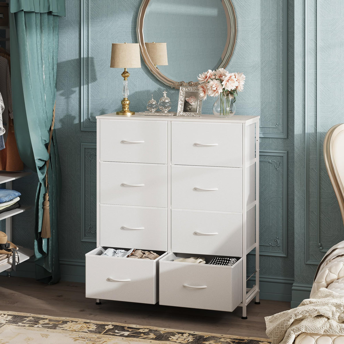 White 8 Drawer Fabric Dresser N648