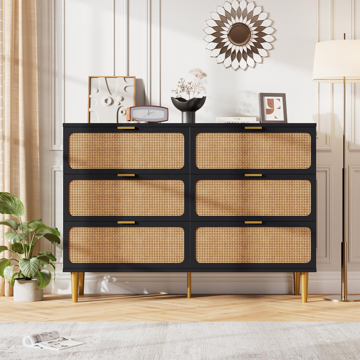 Black Rattan 6 Drawer Dresser M189