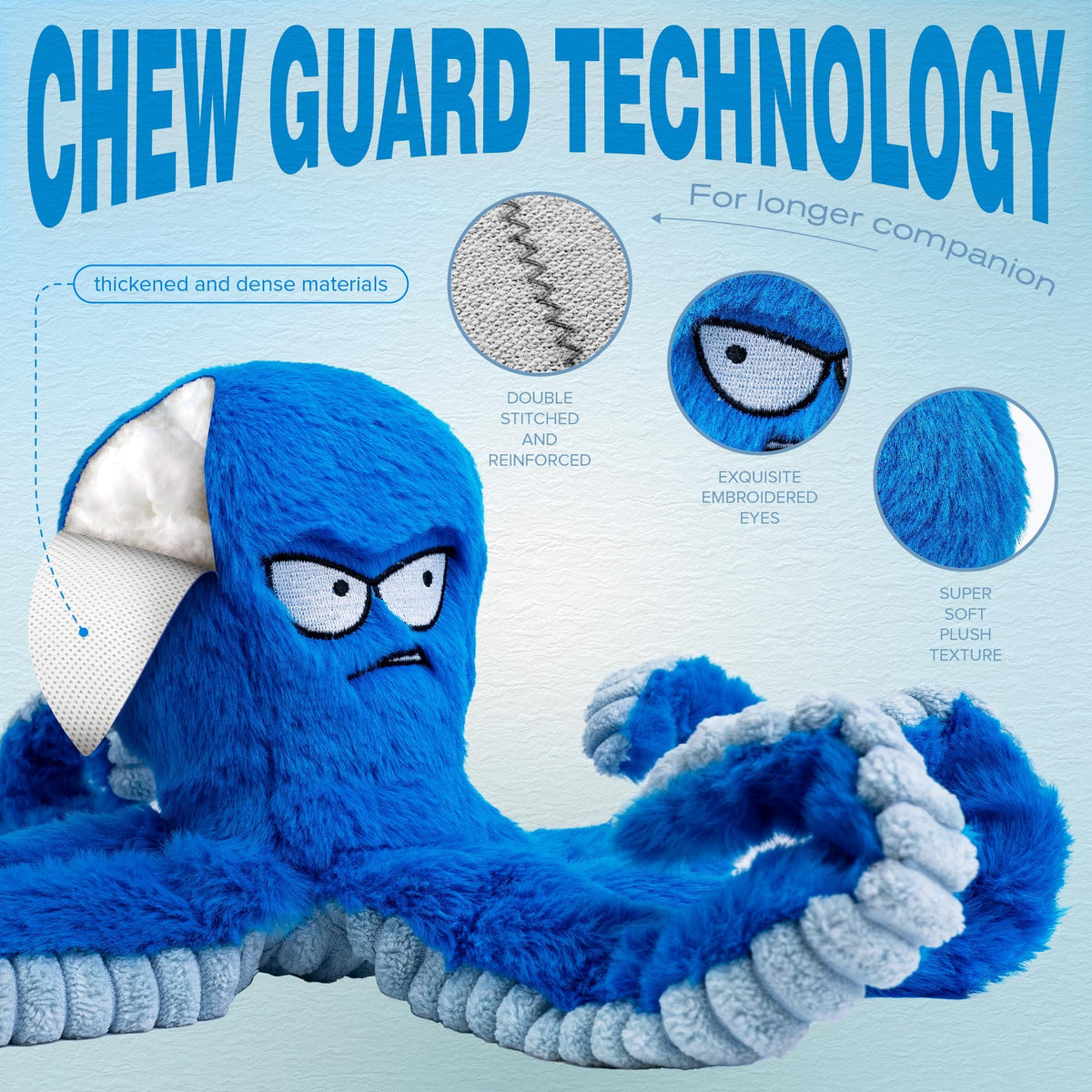 Stuffed Squeaky Crinkle Blue Octopus Dog Toy Y190