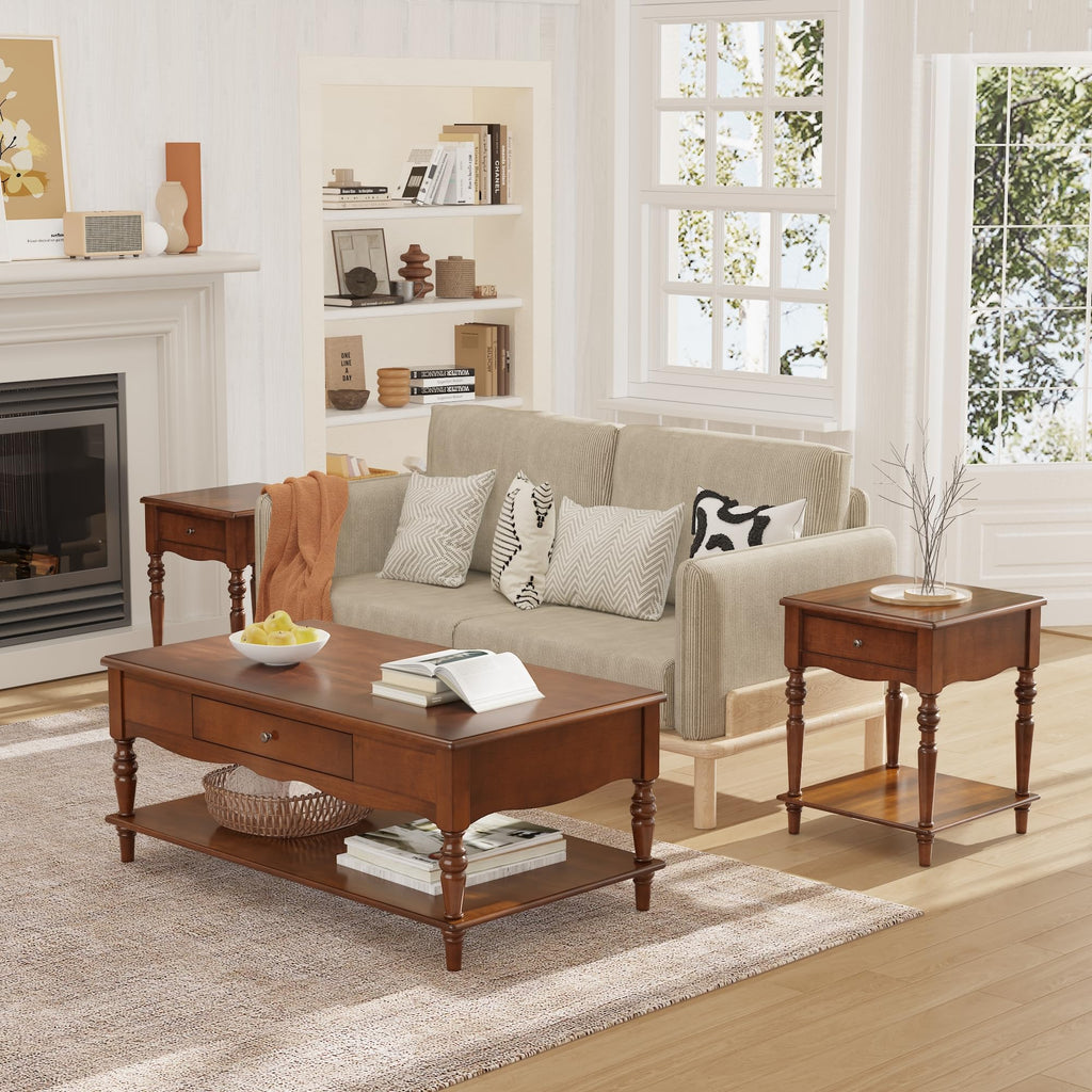 Caramel Brown Coffee Table and Two End Tables with Storage Drawer O2095